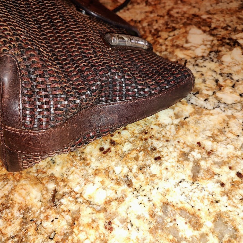 Brighton shoulder bag, brown weave with embossed panel, silver accents13X8" - Picture 10 of 15